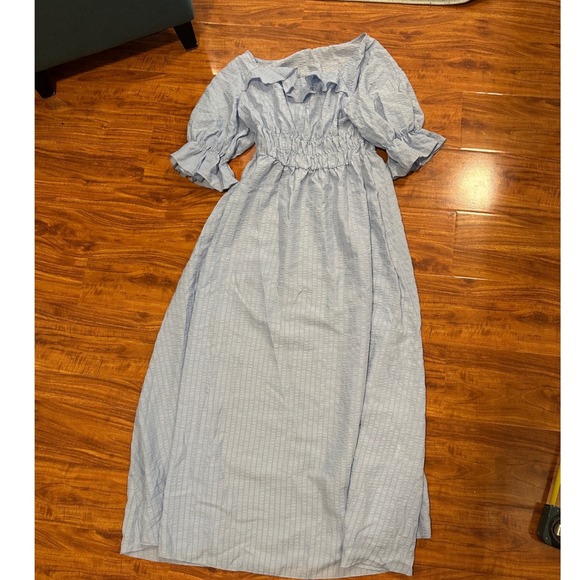 Vintage Dresses & Skirts - VTG Peasant Blue Prairie Dress Long Maxi Short Sleeve Embroidered Size M/L‎